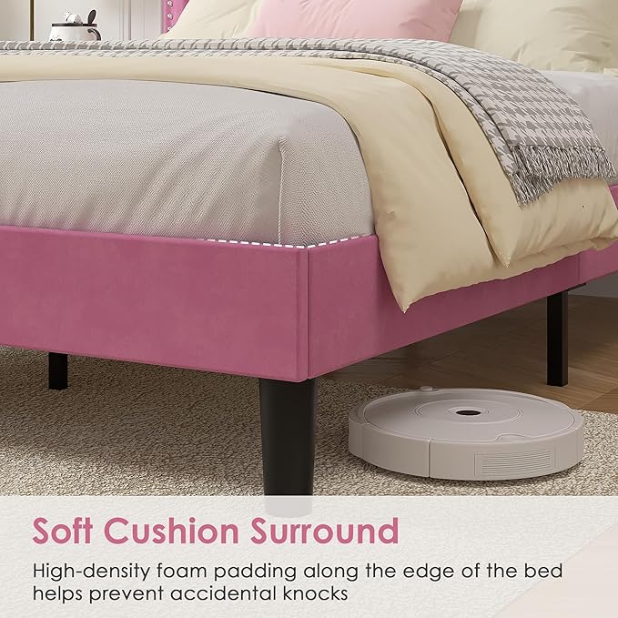 VECELO Twin Size Platform Bed Frame with Height Adjustable Upholstered Headboard, Modern Mattress Foundation,Strong Wood Slat Support, No Box Spring Needed, Easy Assembly,Pink