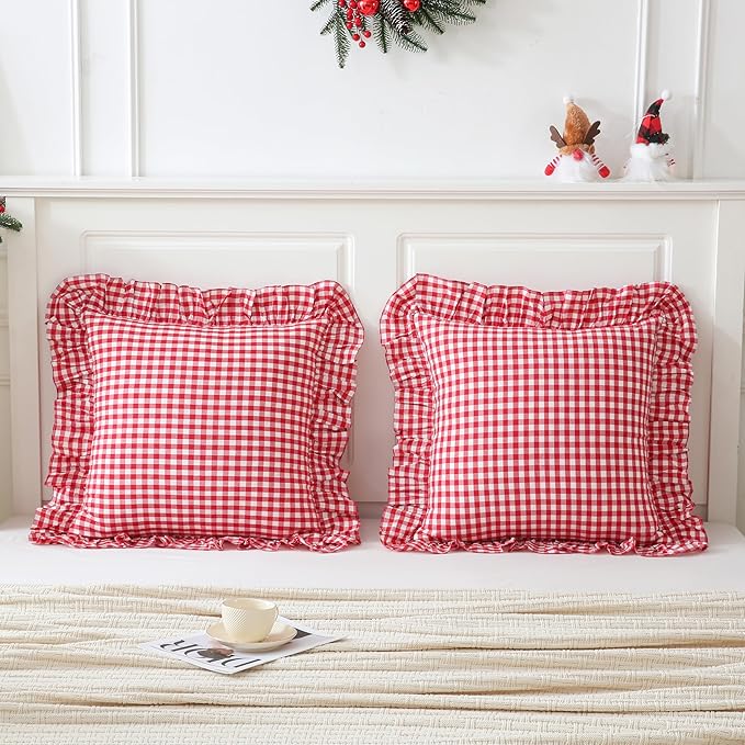 2 Pack 26x26 inches Red/White Gingham Pillow Cover 100% Washed Cotton Ruffled Pillowcase Farmhouse Checkered Pillow Covers for Bed Livingroom