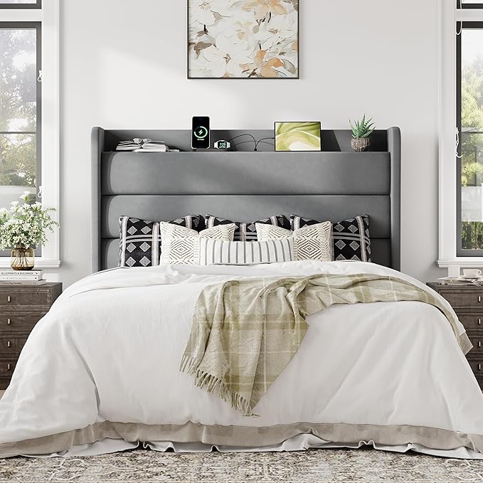 Allewie Queen Size Upholstered Bed Frame with Charging Station & Storage Headboard, Soft Velvet Wingback Platform Bed, Strong Wooden Slats Support, No Box Spring Needed, Easy Assembly, Light Grey
