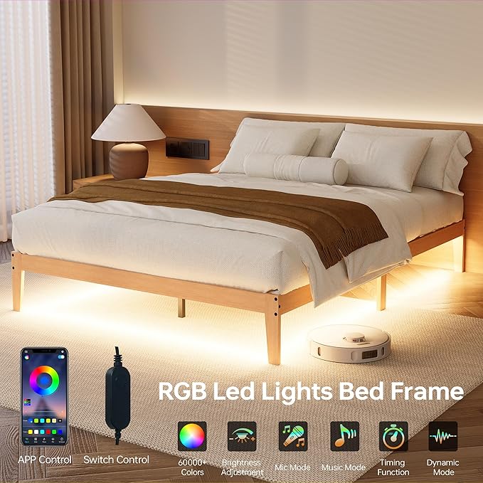 Tyndall Queen Size Bed Frame with LED Lights, 12 Inch Solid Wood Platform Bed Frame with Under Bed Storage, Wooden Slats Support, Natural Finish, No Box Spring Needed, Noise Free, Easy Assembly