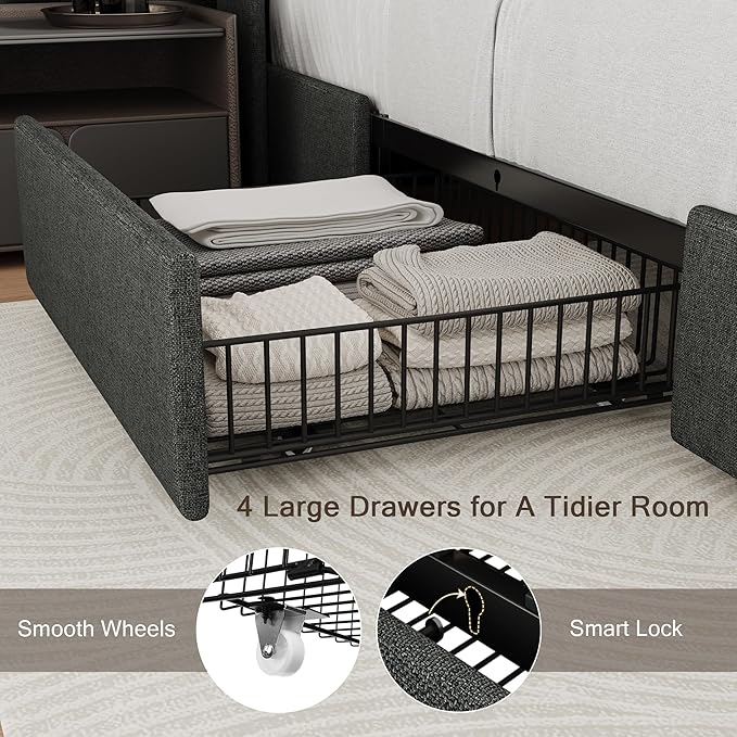 Einhomn King Size Bed Frame with 4 Storage Drawers and Charging Station, Upholstered Platform Bed Frame with Storage Headboard, No Box Spring Needed, Easy Assembly, Black