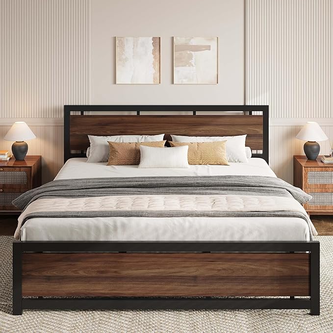 LIKIMIO California King Bed Frame with Headboard and Footboard, Metal Strong Supports, Easy Assembly, Noise-Free, No Box Spring Needed, Dark Walnut