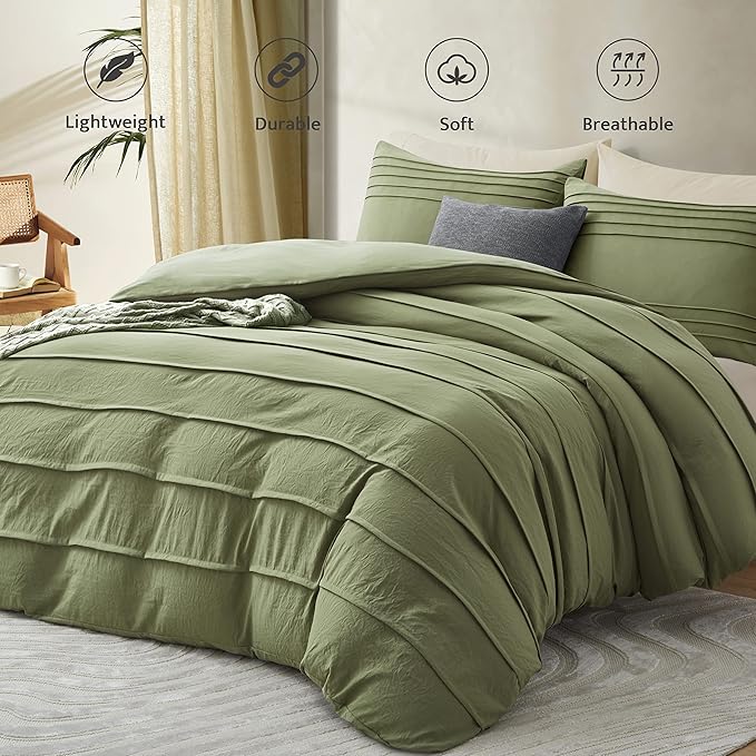 Oli Anderson Sage Green Duvet Cover Twin Size - Pleated Twin Duvet Cover, 2PCS Soft and Breathable Textured Bedding Set with Zipper Closure(Sage Green,68"x90")