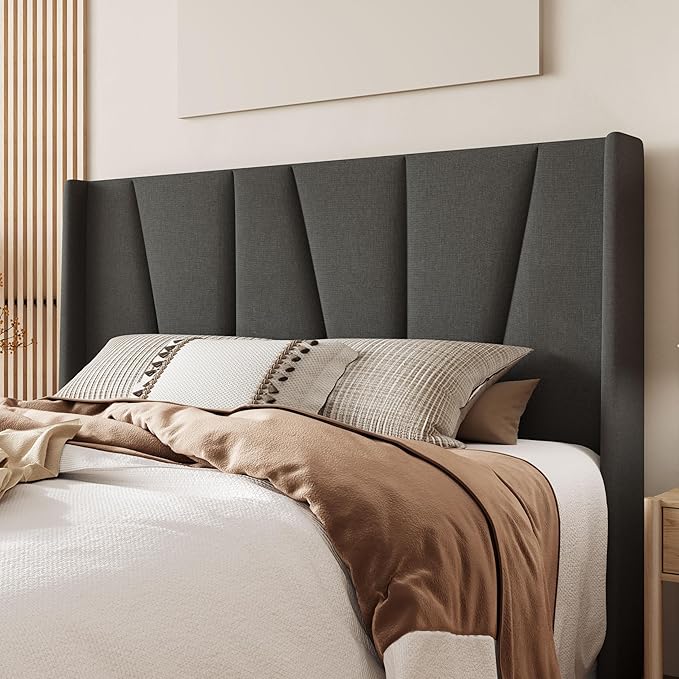 Allewie Full Size Platform Bed Frame with Geometric Wingback Headboard, Boho Upholstered Bed with Wooden Slats Support, No Box Spring Needed, Easy Assembly, Dark Grey