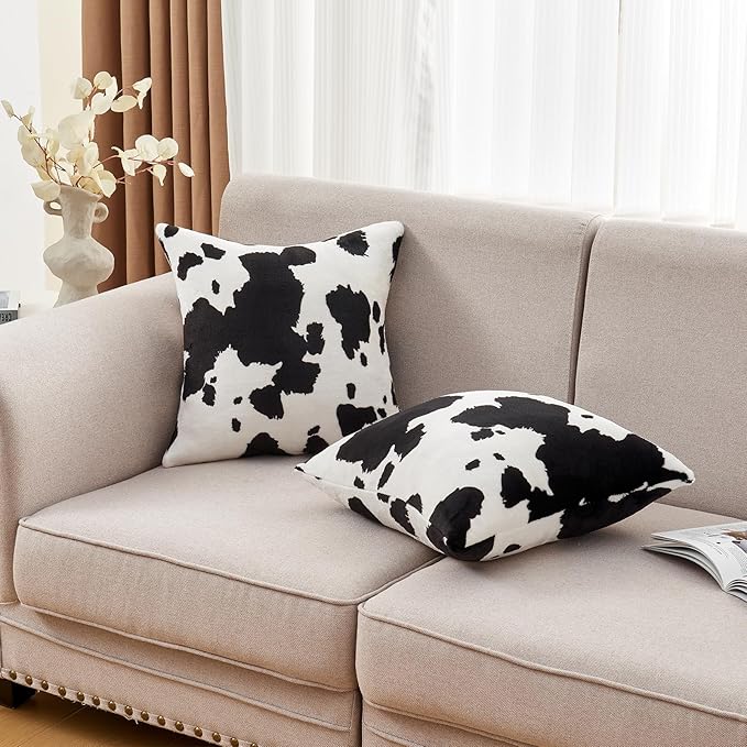 SOCHOW Decorative Throw Pillow Covers 18x18 Inches Set of 2, Soft Cow Print Flannel Fleece Pillowcase Square Cushion Covers for Sofa Couch Bed, Black/White