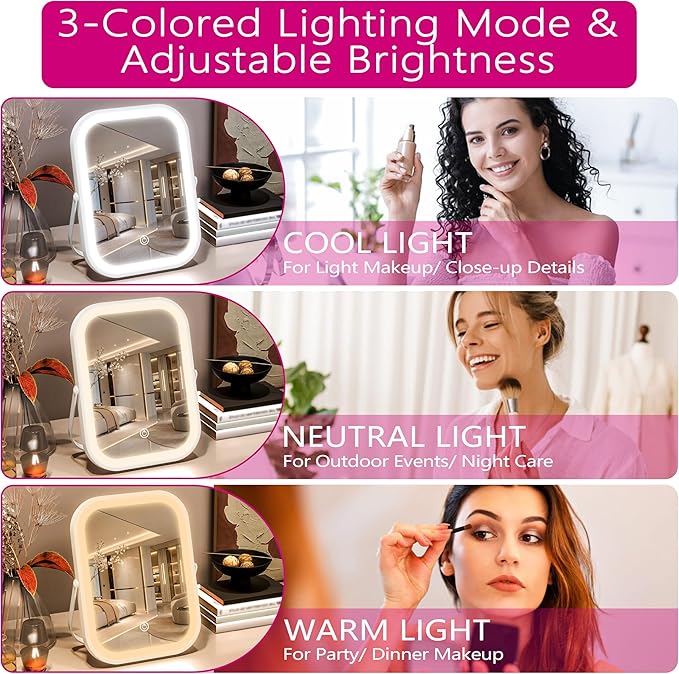 PRIMETEK Travel Makeup Mirror with Lights, Portable Small Beauty LED Vanity Mirror with Lights, 1200mAh Battery, Dimmable Touch Screen, Tabletop Folding Compact Mirror,Women Gift