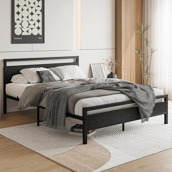 HOJINLINERO Queen Bed Frame with Wood Headboard,Metal Platform Bed Frame Queen Size with Storage No Box Spring Needed,Heavy Duty Queen Size Bed Frame Metal Slats Support Mattress Base No Noise,Black