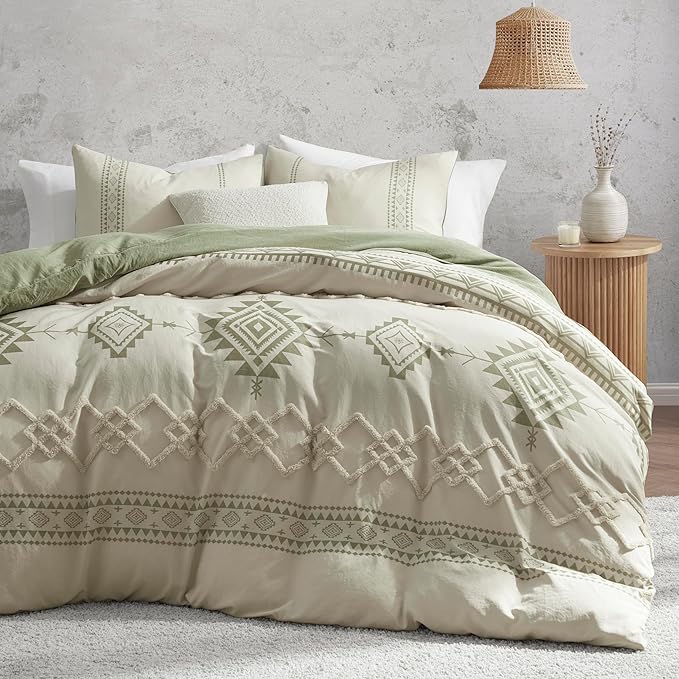 Oli Anderson Boho Duvet Cover Set Twin Size, Beige and Sage Green Color Clash 2 Pieces Microfiber Bedding Set, Durable and Super Soft Duvet Covers with Zipper and Ties, 68"*90"