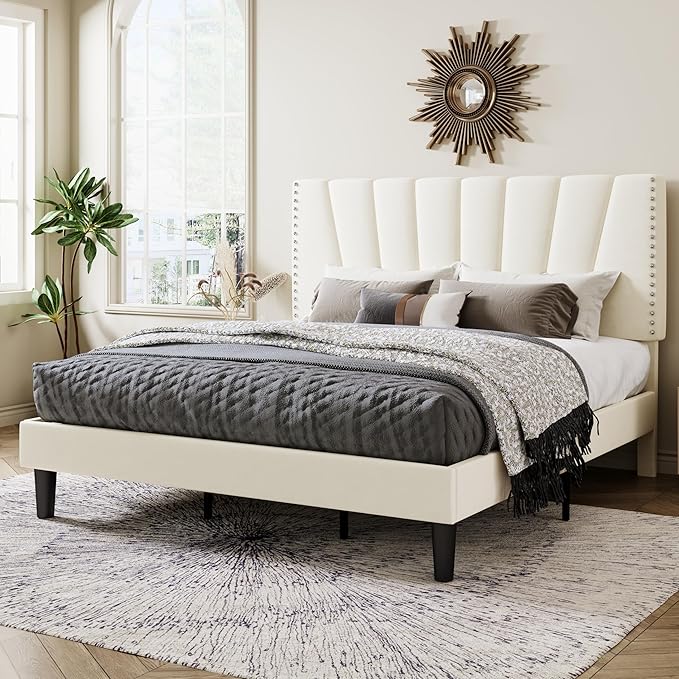 Allewie King Size Bed Frame with Adjustable Velvet Upholstered Headboard, Rivet-Style Nailhead Trim Detail Platform Bed Frame, Wooden Slat Support, No Box Spring Needed, Easy Assembly, Cream
