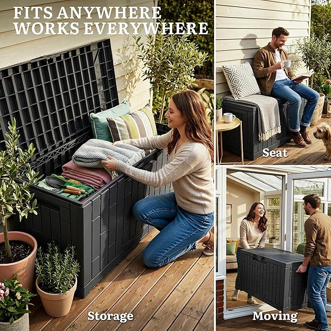 YITAHOME 60 Gallon Outdoor Storage Box, Large Water Resistant Resin Deck Box with Slide-Locking, Indoor Outdoor Bamboo-Textured Storage Container for Patio, Garden, Cushions, Tools, Equipment (Black)