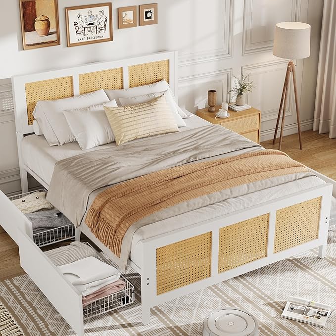 GarveeHome White Rattan Bed Frame with Headboard, Boho Cane Platform Queen Bed Frame with 4 Drawers, Strong Metal Slats Support, Noise Free, No Box Spring Needed