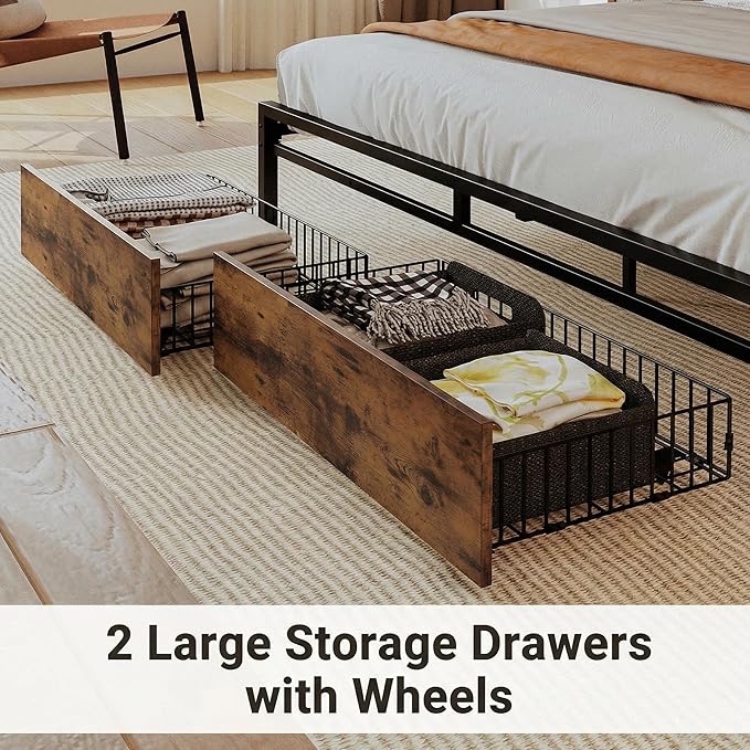 LIKIMIO Queen Bed Frame with Storage Headboard, Queen Size Bed Frame with Charging Station & 2 Drawers, No Box Spring Needed, Easy Assembly