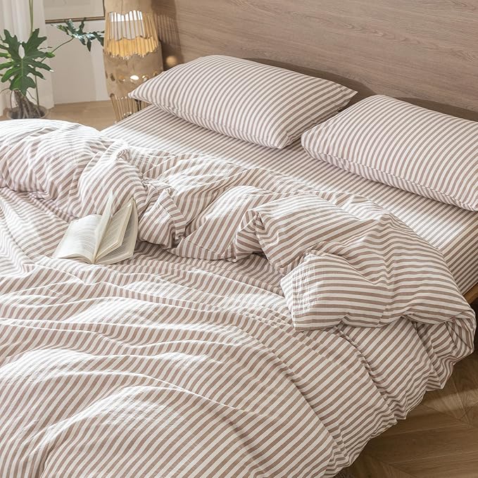 MooMee Striped Duvet Cover Set 100% Washed Cotton Linen Like Textured Breathable Durable Soft Comfy (Orange Classic Stripes, Super Queen 90"x98")