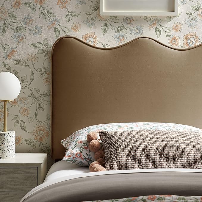 Monday Athena Twin Size Performance Velvet Adjustable Headboard in Taupe - with Scalloped Wave Design and Stain-Resistant Velvet Upholstery