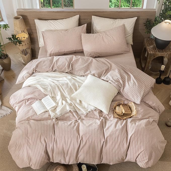 MooMee Striped Duvet Cover Set 100% Washed Cotton Linen Like Textured Breathable Durable Soft Comfy (Orange White Wide Stripes, Oversized Queen 98"x98")