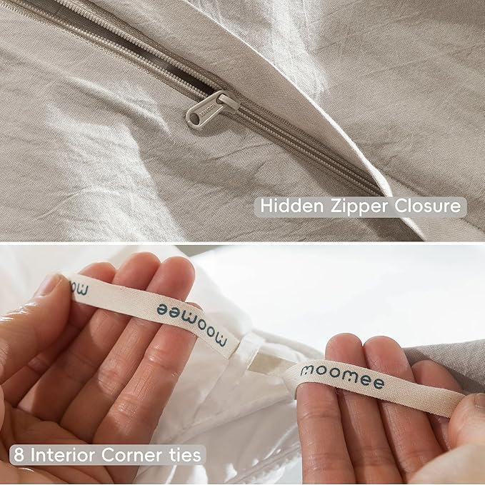 MooMee Bedding Duvet Cover Set 100% Washed Cotton Linen Like Textured Breathable Durable Soft Comfy (Heathered Cream Grey, Super Queen 90"x98")