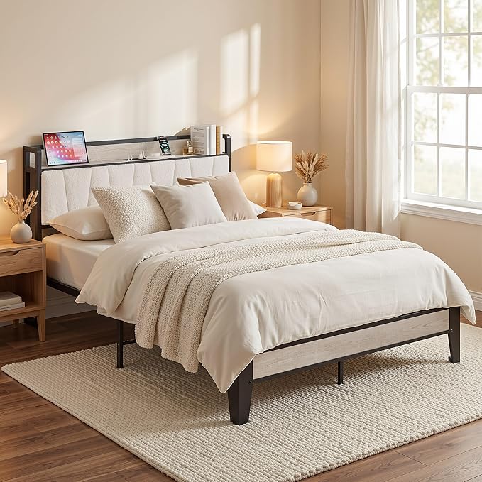 LIKIMIO Full Bed Frames, Bouclé Storage Headboard with Charging Station, Solid and Stable, Noise Free, No Box Spring Needed, Easy Assembly