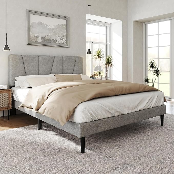 HAOARA Full Size Bed Frame with Fabric Upholstered Headboard, Platform Bed with Wooden Slats Support, Fully Mattress Foundation, Box Spring Optional, Easy Assembly, Light Grey
