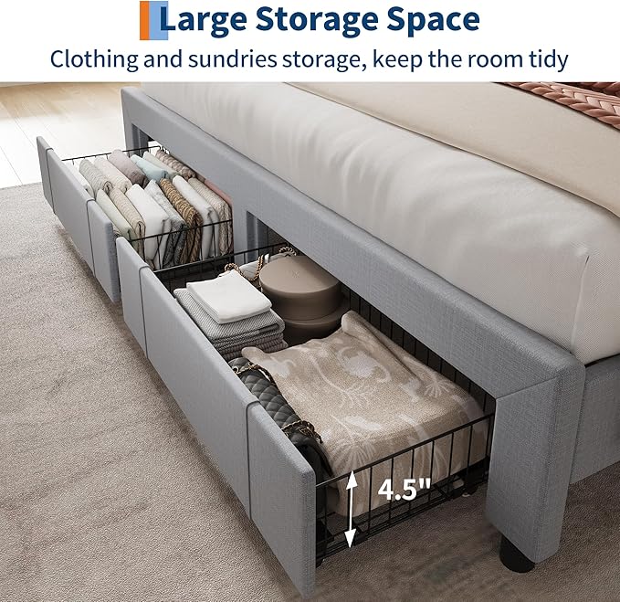 Garvee Upholstered Bed Frame King Size with Storage Headboard and Charging Station, Platform Bed Frame with Drawers, Heavy Duty, No Box Spring Needed, Easy Assembly, Light Grey