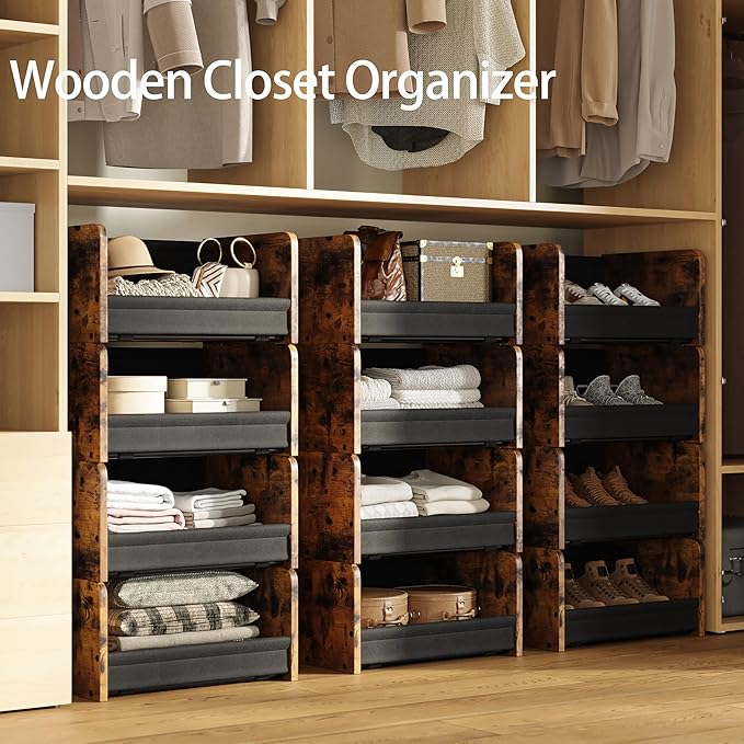 FOUCSSOMEI 2-Tier Stackable Closet Organizer and Storage Stackable Shelves – Heavy-Duty Darwers Wood & Metal, Easy Assembly, Space-Saving Vertical Storage for Bedroom, Closet, Patent Design