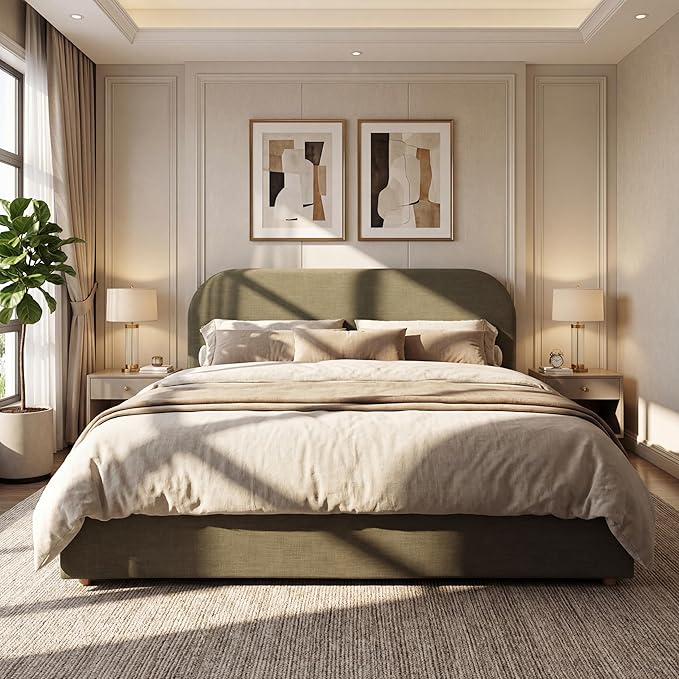 Christopher Knight Home Lanet Linen Upholstered King Size Bed Frame with Headboard, Modern King Bed Frame and Headboard, Wooden Slats Support, Easy Assembly, No Box Spring Needed, Olive Green