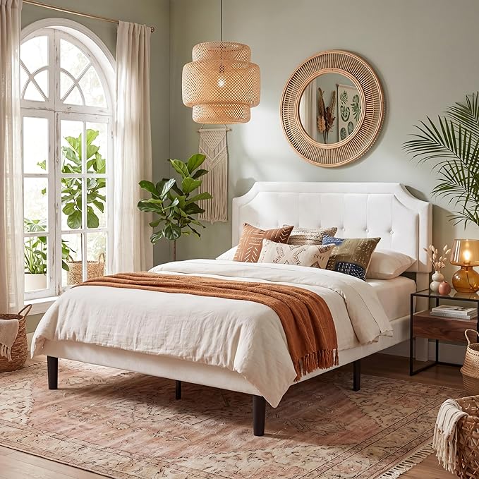 VECELO Queen Size Velvet Bed Frame with Headboard, Upholstered Platform Bedframe with Strong Wooden Slats, No Box Spring Needed, Easy Assembly,Off White