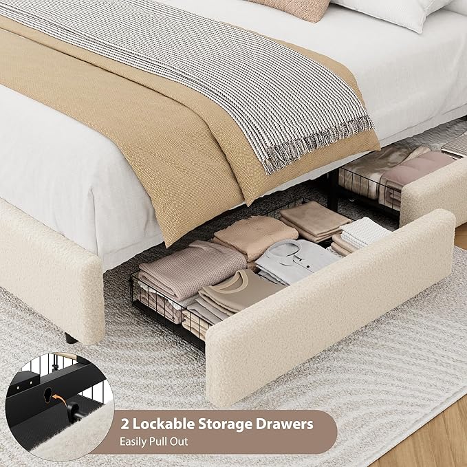 Garvee Twin Size Teddy Fleece Bed Frame, Upholstered Platform Bed with 2 Storage Drawers, Height Adjustable Headboard, Thick Soft Teddy Fabric Bed for Kids Teens, No Box Spring Required, Cream, 1PCS