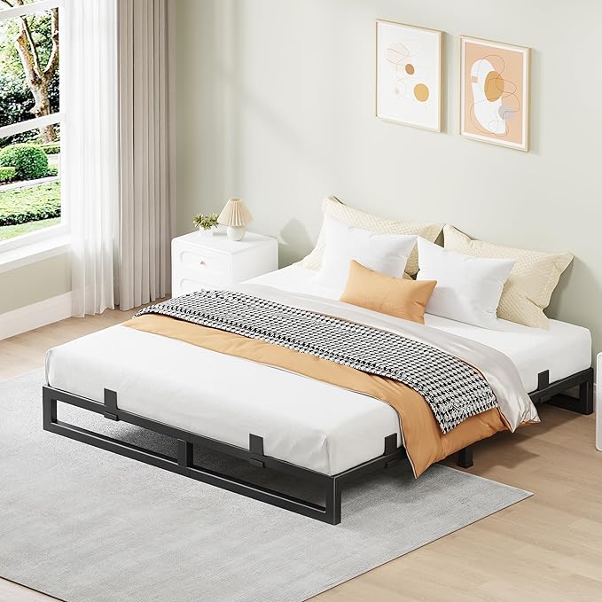 King Size Bed Frame, 6 Inch Metal Platform Bed Frames with Squeak Free U-Slot Design, 6 Non-Slip Guards, 3500lbs Heavy Duty Steel Slat Support, No Box Spring Needed, Under Bed Storage, Black