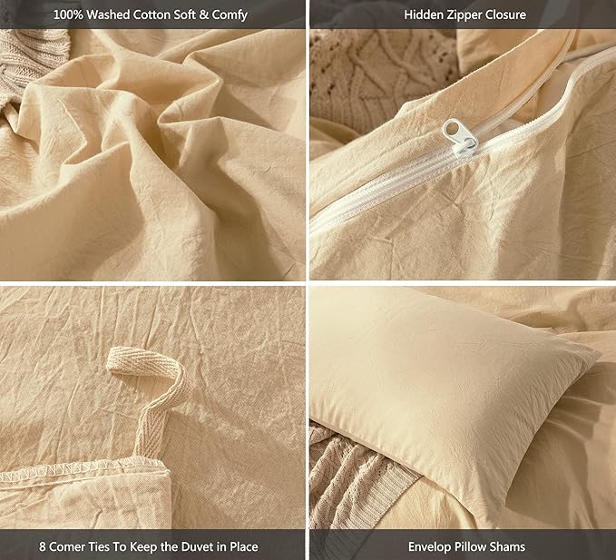 MooMee Bedding Duvet Cover Set 100% Washed Cotton Linen Like Textured Breathable Durable Soft Comfy (Heathered Light Yellow, Queen 90"x90")