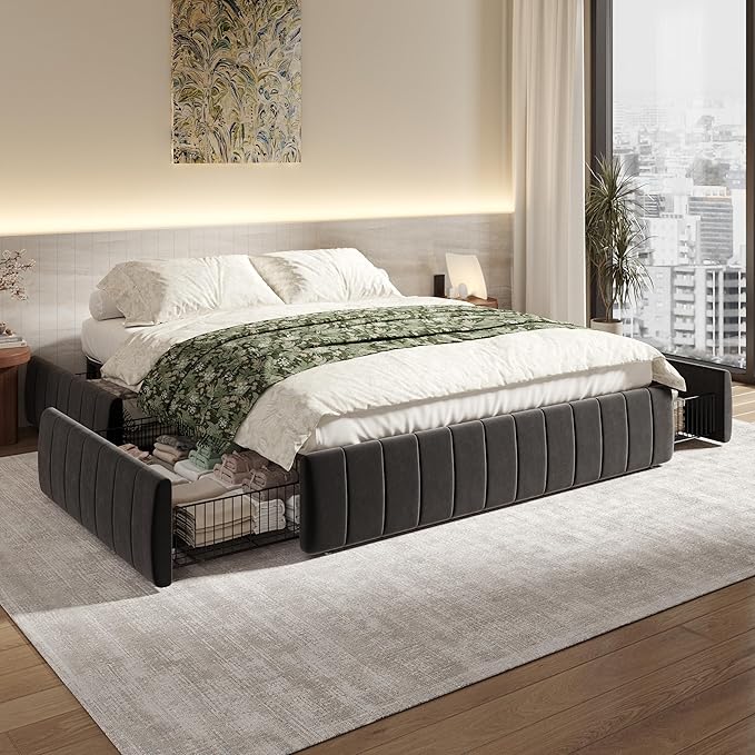 SHA CERLIN Full Size Velvet Upholstered Platform Bed Frame with 4 Storage Drawers, Vertical Channel Tufted, Low Profile, Fits Standard Headboards, Wooden Slats Support, Easy Assembly, Black