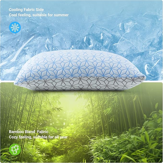 puredown® Standard Pillows Set of 2, Cooling Pillow Full Size 2 Pack, Adjustable Shredded Memory Foam Pillows for Side Back Stomach Hot Sleepers, Ice Blue