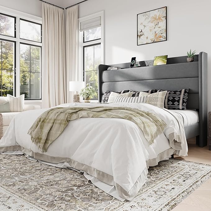 Allewie King Size Upholstered Bed Frame with Charging Station & Storage Headboard, Soft Velvet Wingback Platform Bed, Strong Wooden Slats Support, No Box Spring Needed, Easy Assembly, Light Grey