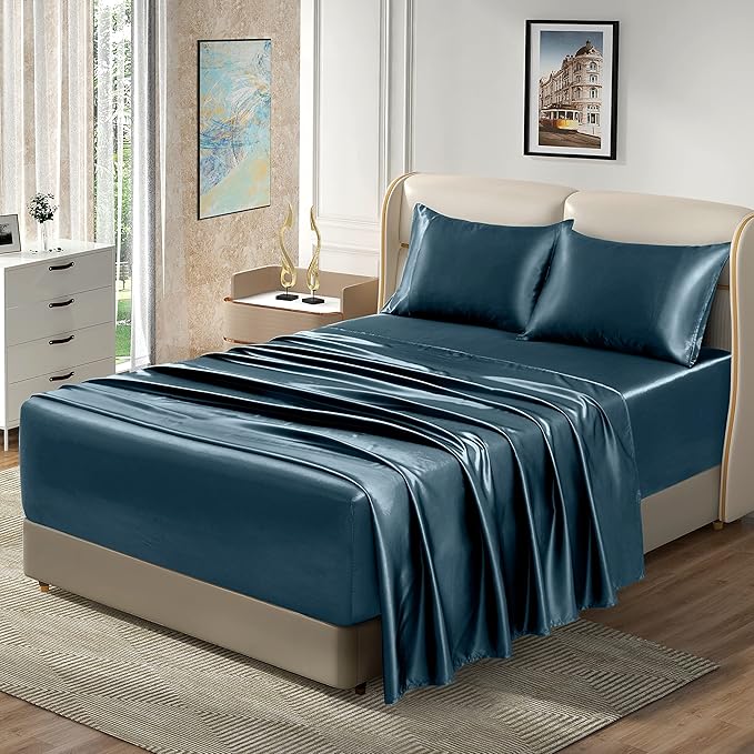 Homiest 4pcs Extra Deep Pocket Satin Sheets Queen Size Bed Set, 18-24 Inch Deep Pocket Bed Sheets Deep Sea Blue Satin Sheet Set, Silky Satin Bedding Set Soft Fitted Sheet Set Fits Ultra Deep Mattress
