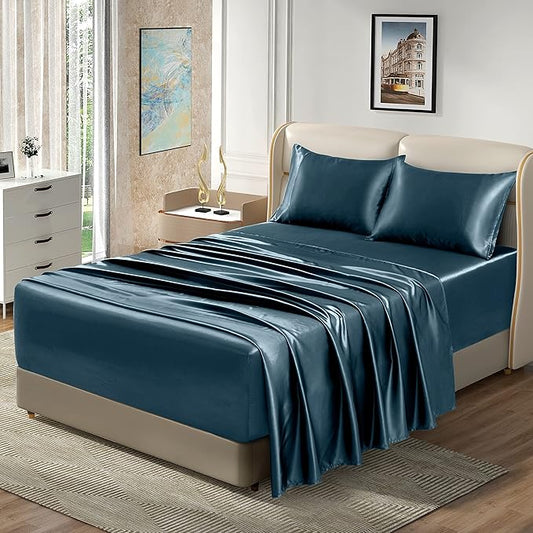 Homiest 4pcs Extra Deep Pocket Satin Sheets Queen Size Bed Set, 18-24 Inch Deep Pocket Bed Sheets Deep Sea Blue Satin Sheet Set, Silky Satin Bedding Set Soft Fitted Sheet Set Fits Ultra Deep Mattress