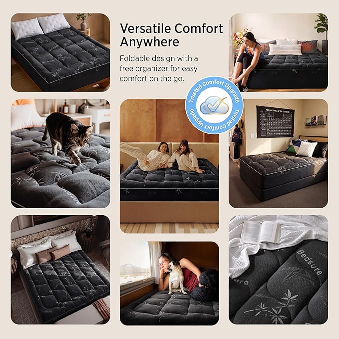 Bedsure Full Size Mattress Topper - Viscose Made from Bamboo Ultra Soft Thick Fluffy Pillow Top Mattress Pad with 21 Inch Deep Pocket, Breathable, Moisture Wicking, Black, 54x75 Inch