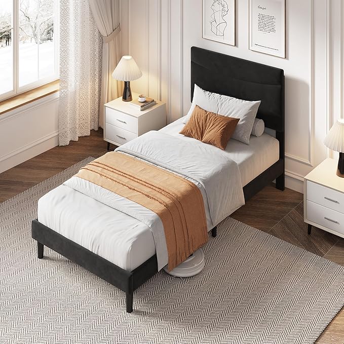 IDEALHOUSE Twin XL Upholstered Platform Bed Frame with Ergonomic Headboard, Beige Soft Fabric, Heavy Duty Wooden Slats, Noise-Free, 6.3" Underbed Storage, No Box Spring Needed, Easy Assembly