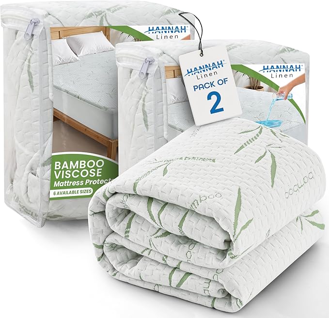 Hannah Linen Viscose derived from Bamboo Cooling Mattress Protector, 100% Waterproof - Soft and Breathable, 280 GSM Fitted Style Mattress Cover, 16 Inches Deep Pocket - Queen, 80x60 - (2 Pack)