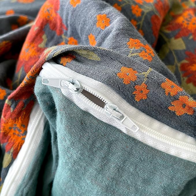 VM VOUGEMARKET Rustic Double Layer Gauze Jacquard Duvet Cover Queen, Dusty Slate Blue with Retro Orange Floral Print, Soft Breathable Boho Comforter Cover with Zipper&Ties
