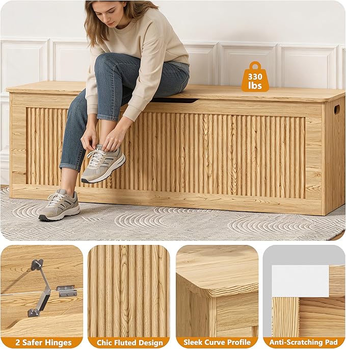 Akxomel Extra Large Fluted Storage Chest, 51.2" Storage Bench with 2 Safety Hinges, Shoe Bench, Wooden Box Bench, Long Storage Trunk with Lift Top, for Bedroom, Living Room, Entryway, Natural Oak