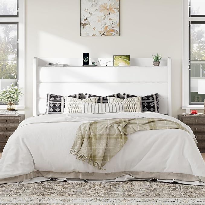 Allewie King Size Upholstered Bed Frame with Charging Station & Storage Headboard, Soft Velvet Wingback Platform Bed, Strong Wooden Slats Support, No Box Spring Needed, Easy Assembly, White