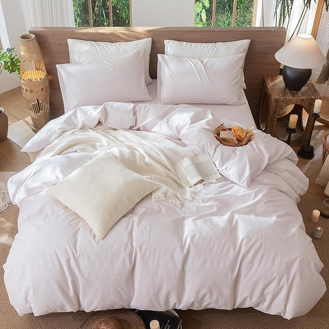 MooMee Striped Duvet Cover Set 100% Washed Cotton Linen Like Textured Breathable Durable Soft Comfy (Heathered Greyish Pink Pinstripes, Queen 90"x90")