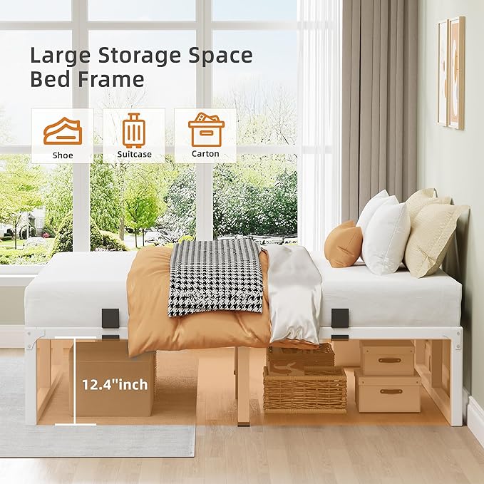Full Size Bed Frame, 14 Inch Metal Platform Bed Frames with Squeak Free U-Slot Design, 6 Non-Slip Guards, 3500lbs Heavy Duty Steel Slat Support, No Box Spring Needed, Under Bed Storage, White