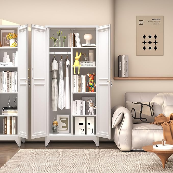 SteeLoong Metal Wardrobe Closet,71" H Wardrobe Cabinet with 2 Doors,White Clothing Storage Cabinets with Hanging Rod and 3 Adjustable Shelves,Armoire Wardrobe Closet for Home Office,School,Gym