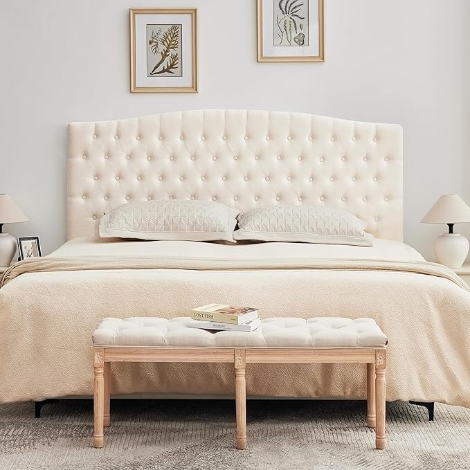 Tufted Upholstered Tall Headboard King Size, Sturdy and Durable Solid Wood Bed headboards, Comfortable Linen Fabric King Headboard Only, Modern Luxury Button Diamond Design Head Board, Beige