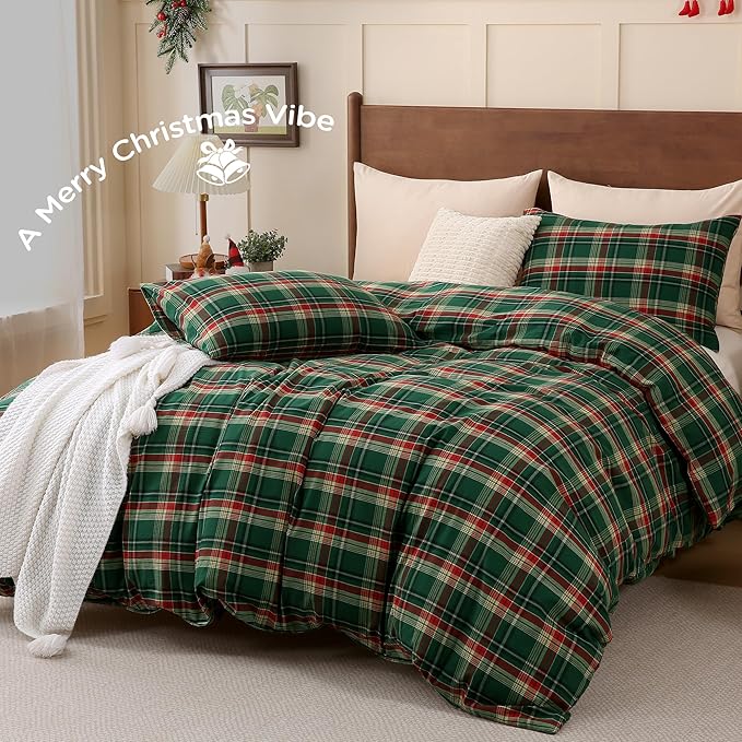 TOCOMOA Christmas Plaid Duvet Cover Set 100% Washed Cotton Like Linen Feel Super Soft Comfy 3 Piece Green Red Gingham Checkered Bedding Comforter Cover Set (Queen 90"x90", Comforter Not Included)