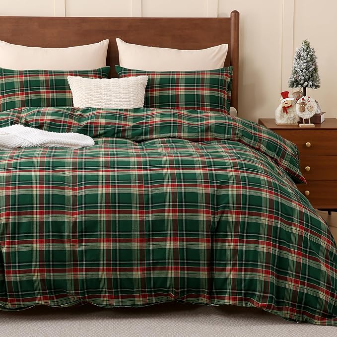 TOCOMOA Christmas Plaid Duvet Cover Set 100% Washed Cotton Like Linen Feel Super Soft Comfy 3 Piece Green Red Gingham Checkered Bedding Comforter Cover Set (Full 80"x90", Comforter Not Included)