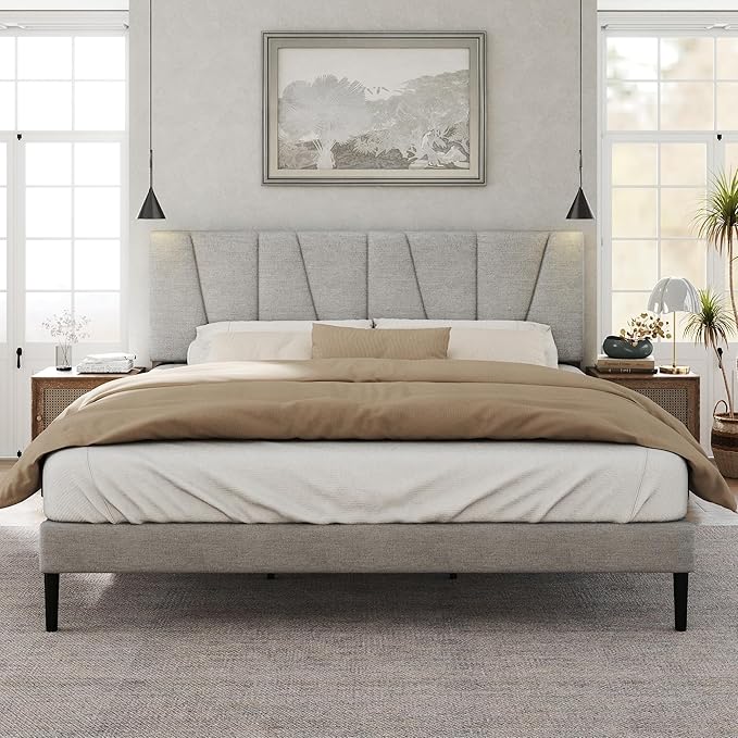 HAOARA King Size Bed Frame with Fabric Upholstered Headboard, Platform Bed with Wooden Slats Support, Fully Mattress Foundation, Box Spring Optional, Easy Assembly, Light Grey