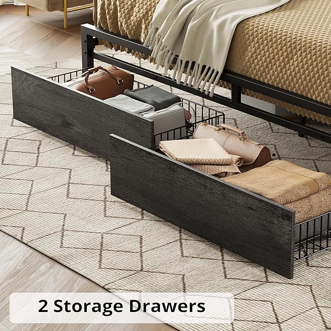 LIKIMIO California King Bed Frame with Storage Headboard, Platform Bed with Drawers and Charging Station, No Box Spring Needed, Easy Assembly, Charcoal Grey