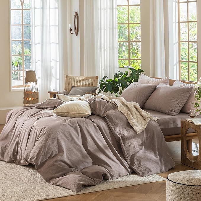 MooMee Bedding Duvet Cover Set 100% Washed Cotton Linen Like Textured Breathable Durable Soft Comfy (Heathered Mauve Brown, Super King Plus 120"x120")