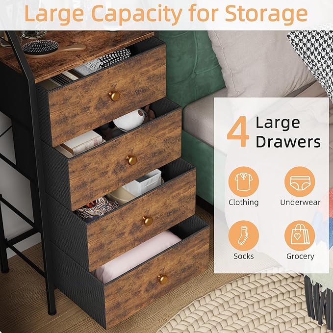 HIGDBFE 4-Drawer Dresser with Mirror, Vanity with 2-Tier Shelves, Fabric Chest of Drawers for Small Space, Vertical Storage Cabinet for Bedroom, Nightstand Bedside Table, Rustic Brown, 15.3" W